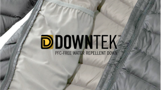 A closeup of a a grey insulated jacket behind the DownTek logo.