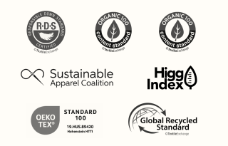 A group of certification badges including Higg Index, Sustainable Apparel Coalition and more.