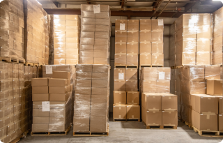 Stacks of sealed cardboard boxes organized on wooden pallets in a warehouse.