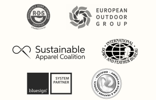 A group of certification badges including European Outdoor Group, Sustainable Apparel Coalition, and more.